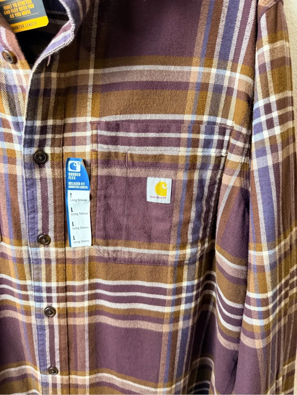 Carhartt Men’s Large Rugged Flex Plaid Flannel Shirt Relaxed Fit Brown Burgundy